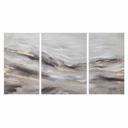 Lichidare stoc - Set 3 tablouri decorative canvas Oura 45/60x80 cm design abstract auriu cu gri