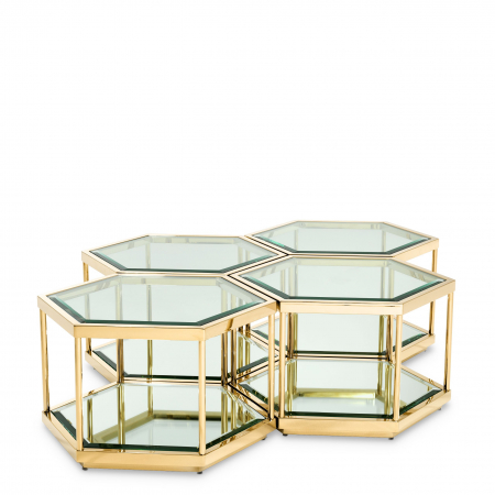 Masute de cafea - Set 4 masute cafea hexagon aurii/crom Sax design lux, otel si sticla securizata | Eichholtz - 112693