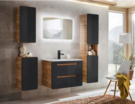 Seturi mobilier baie - SET ARUBA COSMOS II 80 CM, MDF NEGRU MAT, STEJAR AURIU, OGLINDA CU LED