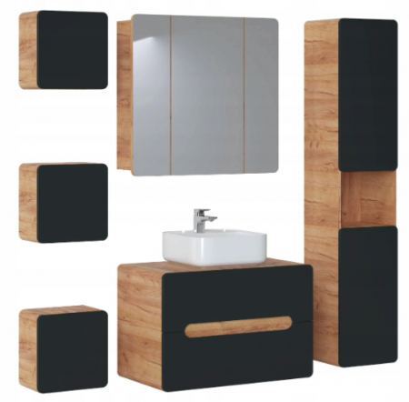 Seturi mobilier baie - SET ARUBA COSMOS III 80 CM, MDF NEGRU MAT, STEJAR AURIU, LAVOAR APLICAT