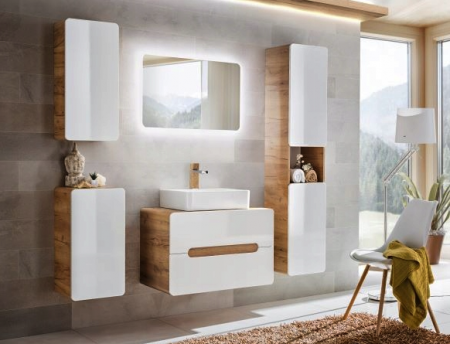 Seturi mobilier baie - SET ARUBA WHITE 60 CM, MDF ALB LUCIOS, STEJAR AURIU, LAVOAR APLICAT