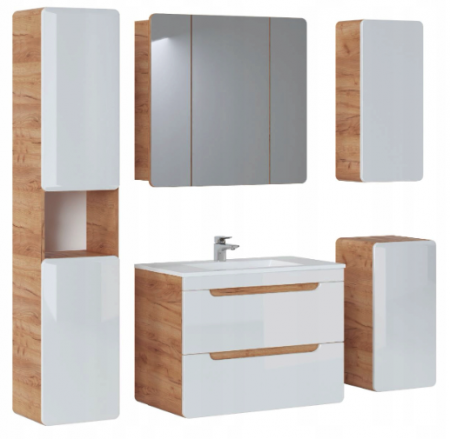 Seturi mobilier baie - SET BAIE ARUBA WHITE 80 CM, MDF ALB LUCIOS, STEJAR AURIU, LAVOAR INCASTRAT
