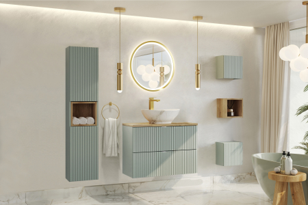 Seturi mobilier baie - Set baie masca cu usi, corp central si sertare + lavoar si dulap coloana Line Reed Green 80 cm