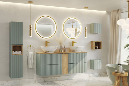 Seturi mobilier baie - Set baie masca cu usi si sertare + lavoar si dulap coloana Line Reed Green 120 cm