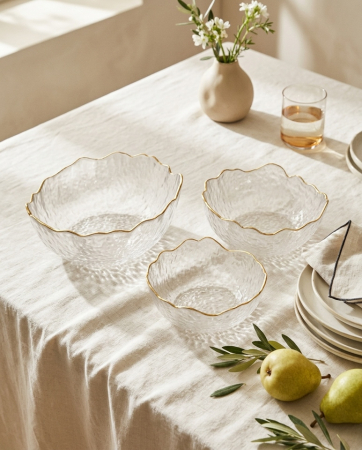 Set de 3 Boluri Bowls 15x15x13 cm, Sticlă Transparent Muchii Aurii - SHP [2]