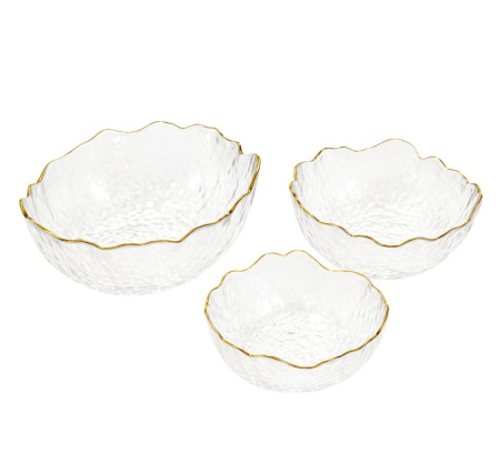 Decoratiuni - Set de 3 Boluri Bowls 15x15x13 cm, Sticlă Transparent Muchii Aurii - SHP