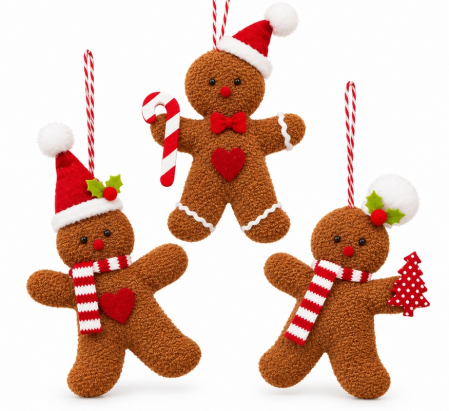 Decoratiuni de craciun - Set de 3 decorațiuni turta dulce Cookie 7,5x0,5x11 cm, Material Moale și Plăcut la Atingere Maro - SHP