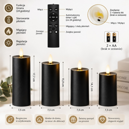 Set de 4 lumânări cu telecomandă Flame 5,5x5,5x17,7 cm, Negru Mat - SHP [3]
