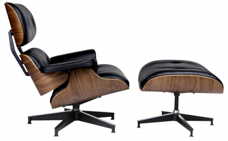 Fotolii - Set Fotoliu design lux LOUNGE HM cu taburet, piele neagra naturala/lemn nuc