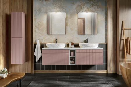 Seturi mobilier baie - SET ICONIC ROSE MDF RIFLAT 180 cm + DULAP, oglinda, led si lavoar aplicat