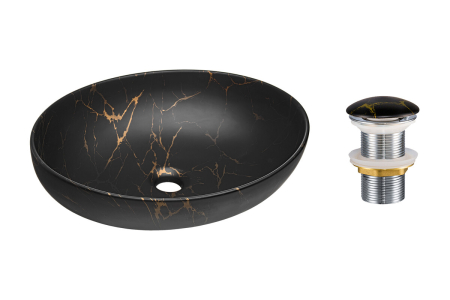 Mobilier Baie - Set Lavoar cu Ventil Click-Clack, Lavoar Aplica, pentru Blat, Auriu, Negru Mat - COMAD