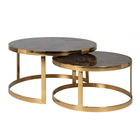 Produse - Set masute cafea rotunde lux Randi Ø90 cm baza aurie otel, blat imitatie marmura maro, 9454 - Richmond Interiors