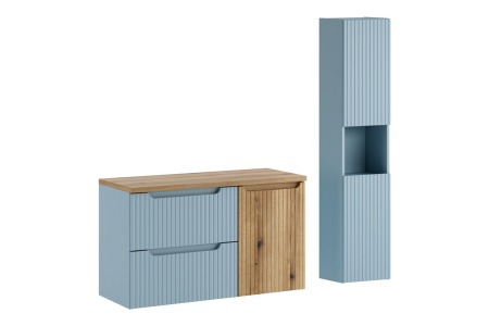 Promotii - Set Mobilier Baie Nova Denim 100 cm, cu Blat, Dulap cu Coș de Rufe și Dulap Înalt, Denim - COMAD