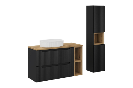 Promotii - Set Mobilier Baie Nova Black 100 cm, cu blat, lavoar de blat Beyond și dulap înalt, Negru Mat - COMAD