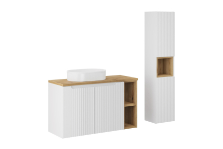 Promotii - Set Mobilier Baie Nova White 100 cm, cu Blat, Lavoar de Blat Beyond și Coloană Înaltă, Alb Mat - COMAD