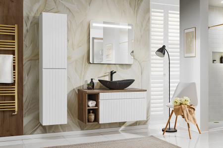 Promotii - Set Mobilier Baie Iconic White 100 cm, cu Blat, Lavoar pe Blat, Coloană Înaltă și Oglindă LED, Alb Mat - COMAD