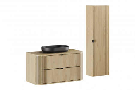 Seturi mobilier baie - Set mobilier baie 100 cm, cu blat, lavoar pe blat River, dulap inalt Ovalia Cremona COMAD
