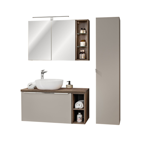 Promotii - Set Mobilier Baie Santa Fe Taupe 100 cm, cu blat și lavoar Smile, Gri Argilă, Stejar Vintage - COMAD
