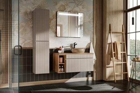 Seturi mobilier baie - Set Mobilier Iconic Cashmere 100 cm, cu Lavoar, Coloană și Oglindă LED, Cașmir Mat, Stejar Coast Evoke - COMAD