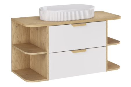 Promotii - Set Mobilier Aster White 100 cm, cu blat și lavoar de blat Beyond, Alb Mat cu Mânere Stejar Cremona - COMAD