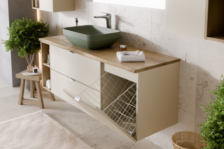 Set Mobilier Baie Dalia Cashmere 100 cm, cu Blat, Cos Rufe și Lavoar, Stejar Cremona, Cașmir Mat - COMAD [6]
