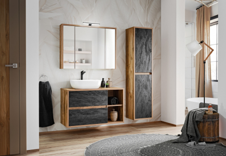 Promotii - Set Mobilier Hampton 100 cm, cu Lavoar de Blat, Dulap Înalt și Dulap cu Oglindă - COMAD