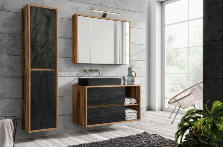 Promotii - Set Mobilier Baie Hampton 100 cm, cu Lavoar de Blat, Dulap Înalt și Dulap cu Oglindă, Negru - COMAD