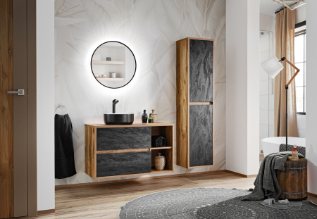 Promotii - Set Mobilier Hampton 100 cm, cu Lavoar de Blat, Dulap Înalt și Oglindă cu LED - COMAD