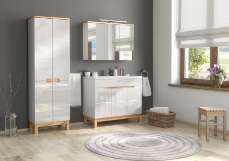 Promotii - Set Mobilier Baie Bali White 100 cm, cu Lavoar, Coloana Înaltă și Dulap cu Oglindă, Alb - COMAD