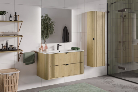 Set Mobilier Baie Ovalia Cremona 100 cm, cu Lavoar, 2 Piese, Stejar Cremona, Negru Mat - COMAD [2]