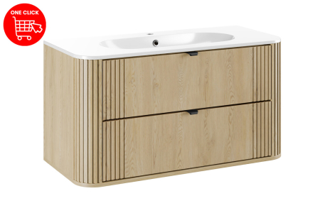 Set Mobilier Baie Ovalia Cremona 100 cm, cu Lavoar, 2 Piese, Stejar Cremona, Negru Mat - COMAD [1]