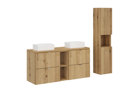 Promotii - Set Mobilier Baie Nova Oak 120 cm, cu Blat, 2 Lavoare de Blat, și Dulap Înalt, Stejar - COMAD