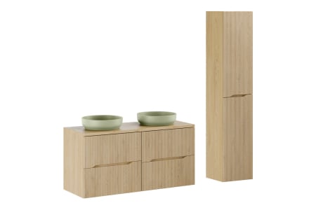 Promotii - Set Mobilier Baie Nordic Cremona 120 cm, cu Blat, Lavoare River, Dulap Înalt, Stejar Cremona - COMAD