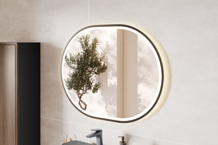 Set Mobilier Baie Xilo 120 cm, cu Lavoar Smile și Oglindă LED, Negru Mat, Stejar Wotan cu Gri Piatră - COMAD [14]