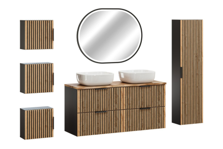 Produse - Set Mobilier Baie Xilo 120 cm, cu Lavoar Smile și Oglindă LED, Negru Mat, Stejar Wotan cu Gri Piatră - COMAD
