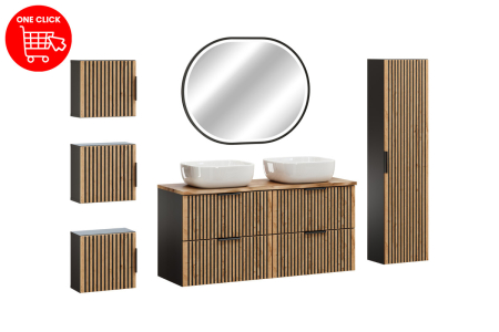 Set Mobilier Baie Xilo 120 cm, cu Lavoar Smile și Oglindă LED, Negru Mat, Stejar Wotan cu Gri Piatră - COMAD [1]