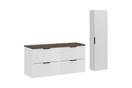 Promotii - Set Mobilier Baie Adel White 120 cm, cu blat și dulap înalt, Alb Mat, Stejar Santa Fe Vintage - COMAD