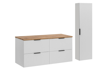 Promotii - Set Mobilier Baie Adel White 120 cm, cu Blat și Coloană Înaltă, Alb Mat, Stejar Wotan - COMAD