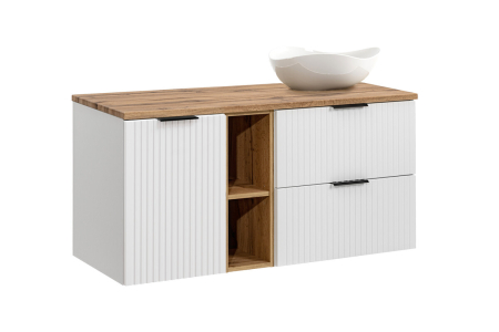 Promotii - Set Mobilier Baie Adel White 120 cm, cu blat și lavoar pe blat Cloud, Alb Mat, Stejar Wotan - COMAD