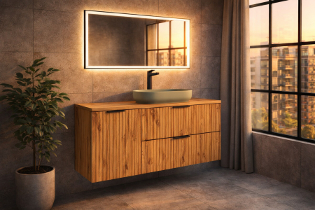 Set Mobilier Baie Adel Oak 120 cm, cu blat și dulap cu coș de rufe, Stejar Wotan - COMAD [1]