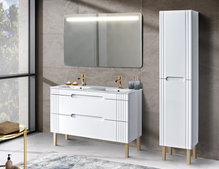 Promotii - Set Mobilier Fiji White 120 cm, cu Lavoar, Coloana Înaltă și Oglindă, Alb - COMAD
