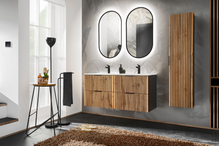 Produse - Set Mobilier Baie Xilo 120 cm, cu Lavoar, Dulap Înalt și Oglindă, Stejar Wotan, Gri Piatră - COMAD