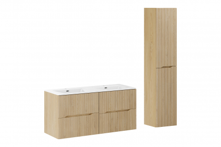 Seturi mobilier baie - Set mobilier baie 120 cm cu lavoar tip mobilier SKY si dulap inalt baie, finisaj Nordic Cremona, COMAD
