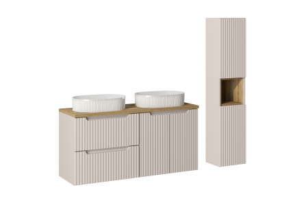 Seturi mobilier baie - Set mobilier baie 120cm cu blat, 2 lavoare Beyond și dulap înalt Nova Cashmere