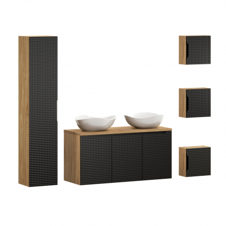 Seturi mobilier baie - Set mobilier baie 120cm cu blat, 2 lavoare Cloud și dulap înalt Luxor Black