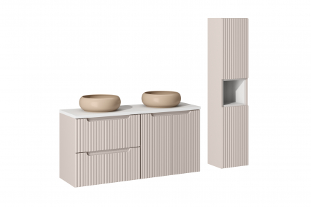 Seturi mobilier baie - Set mobilier baie 120cm cu blat, 2 lavoare Wiki și dulap înalt Nova Cashmere