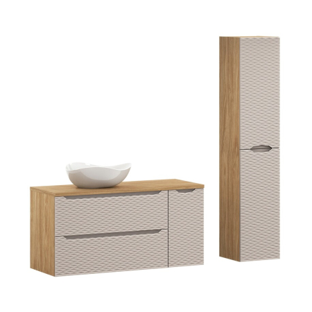 Mobilier Baie - Set Mobilier Baie Ocean Beige 120 cm, Lavoar pe Blat Cloud și Coloană, Bej, Stejar Uleiat - COMAD