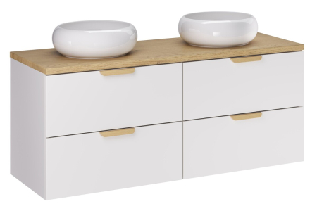 Promotii - Set Mobilier Aster White 120 cm, cu Blat și 2 Lavoare pe Blat, Alb Mat, Stejar Cremona - COMAD