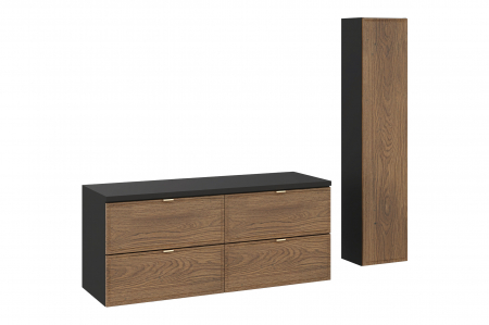 Seturi mobilier baie - Set mobilier baie 120 cm, cu blat si dulap inalt, Talia Casella, negru mat, stejar Casella COMAD