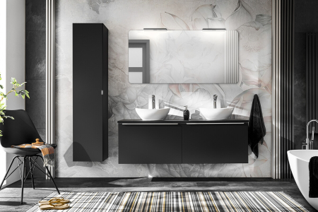 Promotii - Set Mobilier Santa Fe Black 120 cm, cu Lavoare pe Blat, Coloană și Oglindă - COMAD